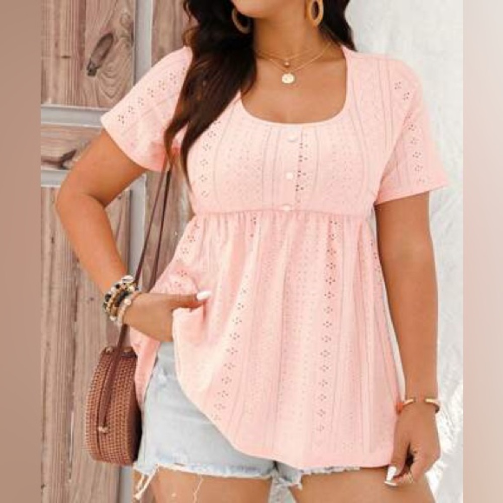 SHEIN Curve • Eyelet Babydoll Top • Blush Pink • Size 2XL
